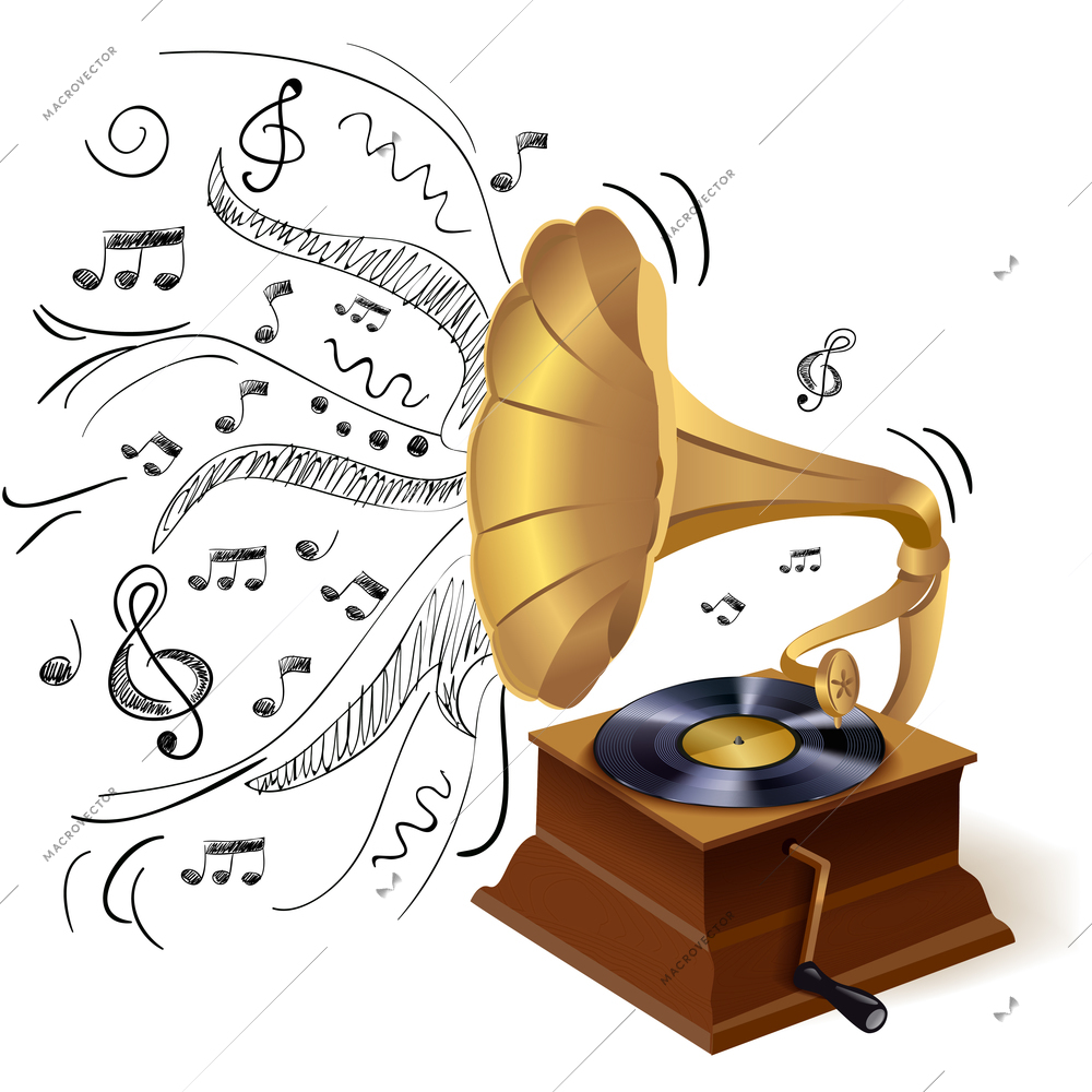 Vintage retro style vinyl gramophone print template with doodle background vector illustration