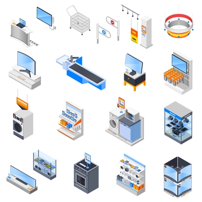 Electronics supermarket isometric icons collection with isolated household electrical appliances shop equipment and goods for sale vector illustration