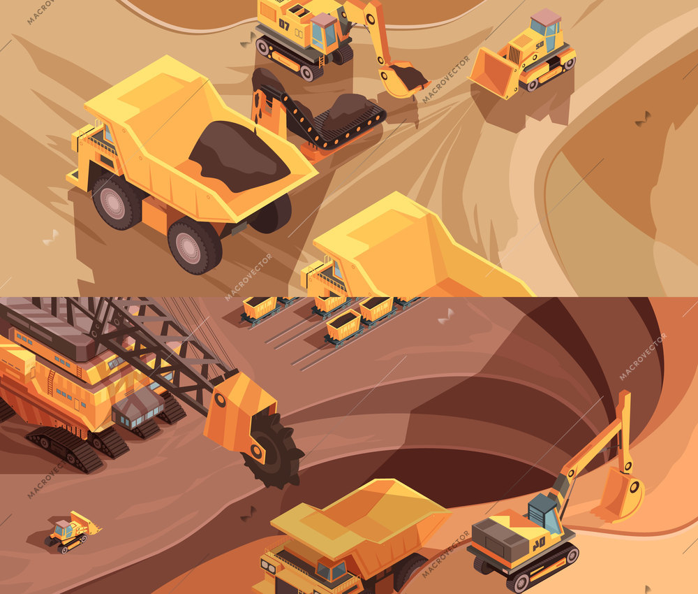 Set of two horizontal mining banners with extractive equipment and machinery on surface of opencast mine vector illustration