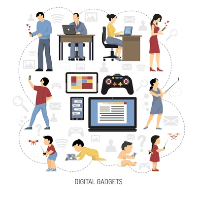 People evolution digital gadget composition of flat children and adult human characters with silhouette pictograms vector illustration