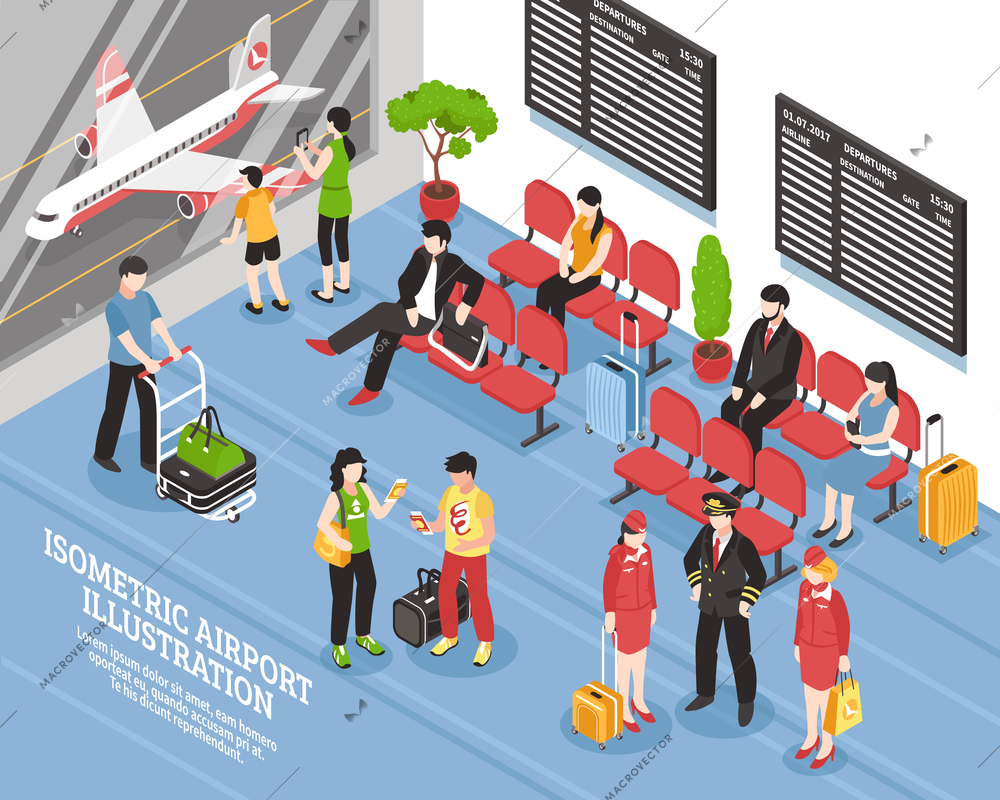 Airport departure waiting area lounge isometric poster with flight crew passengers and black display boards vector illustration