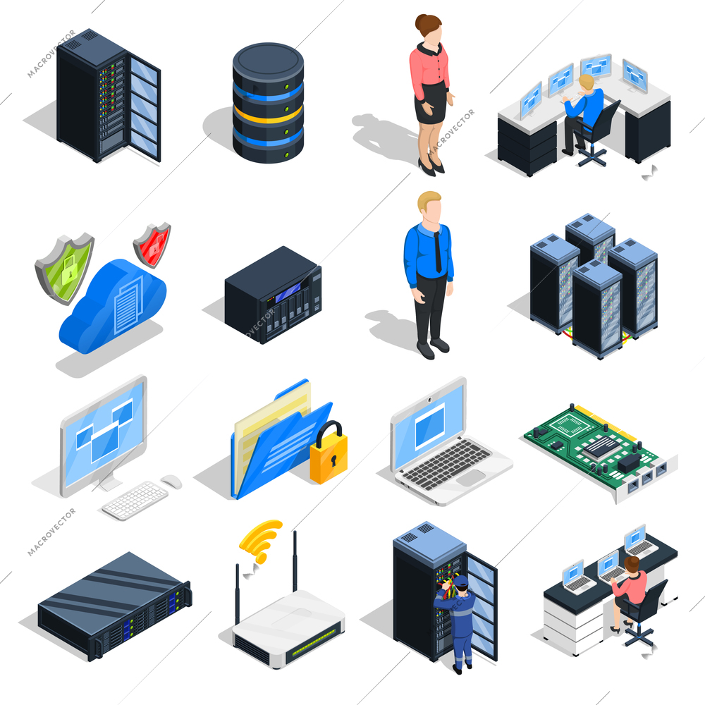 Datacenter isometric icons collection of sixteen isolated computer and head-end equipment images with human characters vector illustration