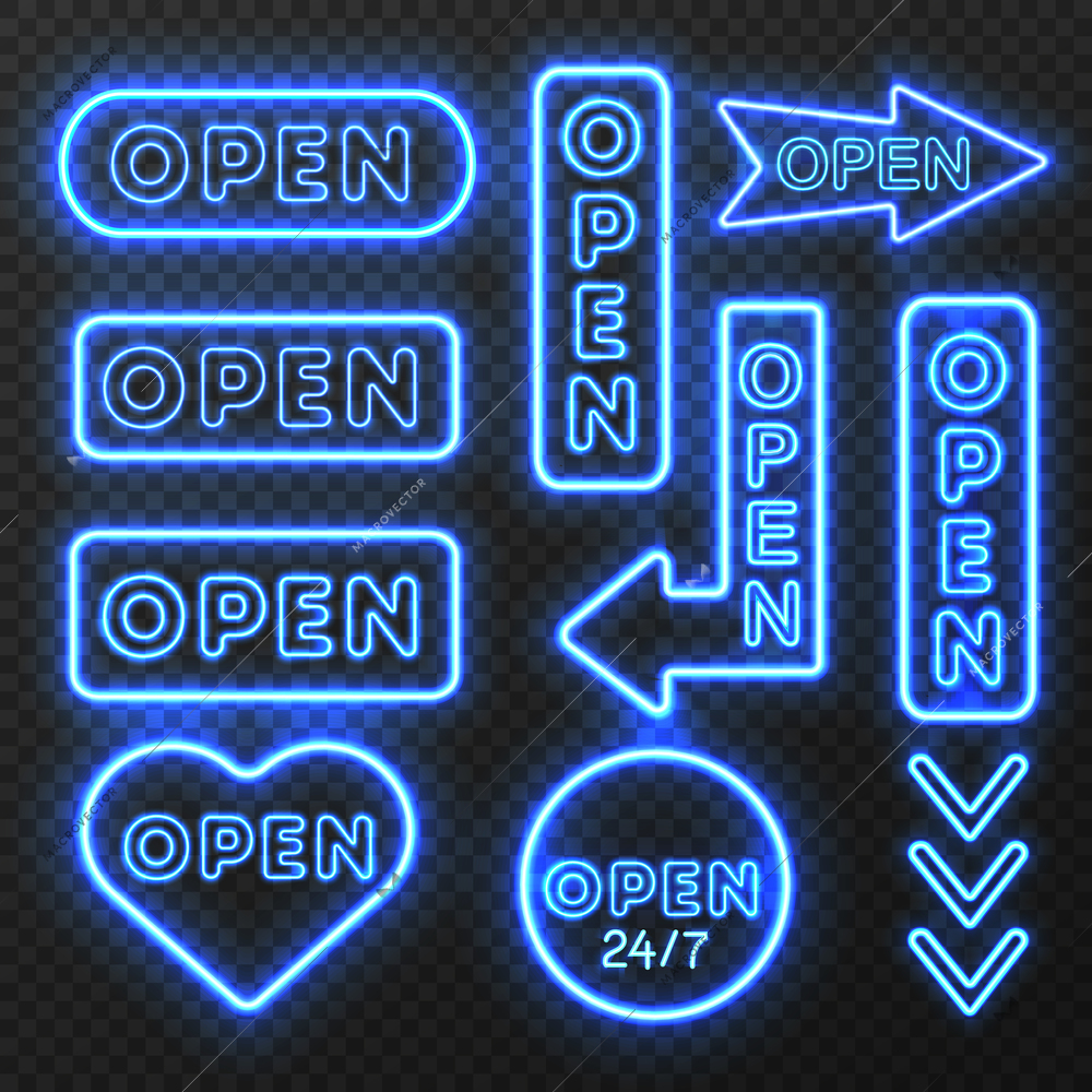 Neon open sign set with isolated images of blue electric light sign boards with arrow symbols vector illustration