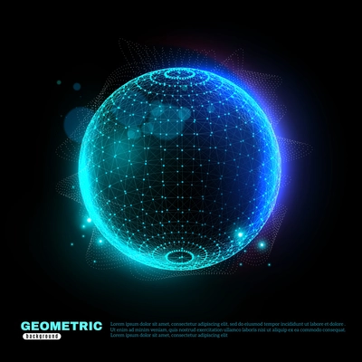 Digitally plotted sphere glowing with blue turquoise on black background poster scientific technology decorative shapes vector illustration