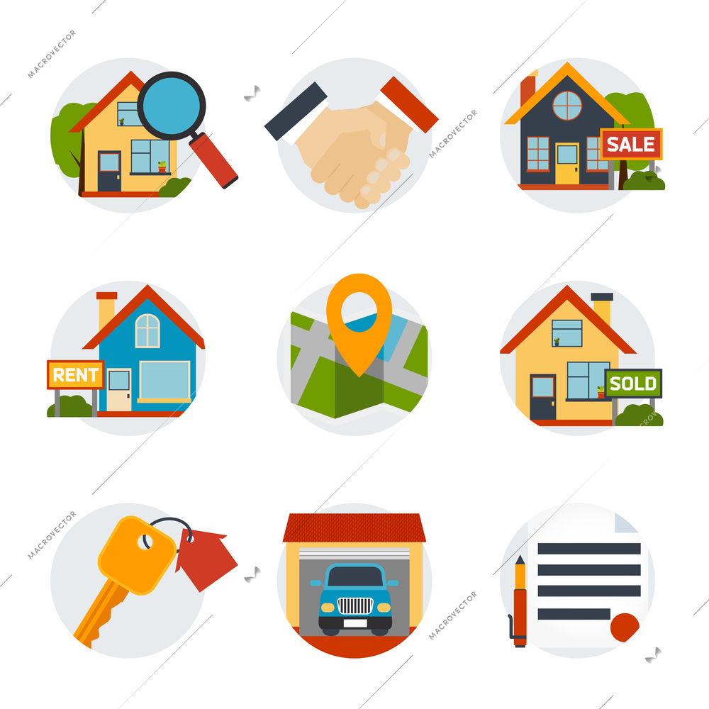 Real estate icons set with house and purchase symbols flat isolated vector illustration