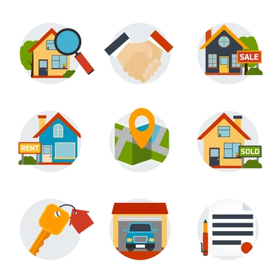 Real estate icons set with house and purchase symbols flat isolated vector illustration