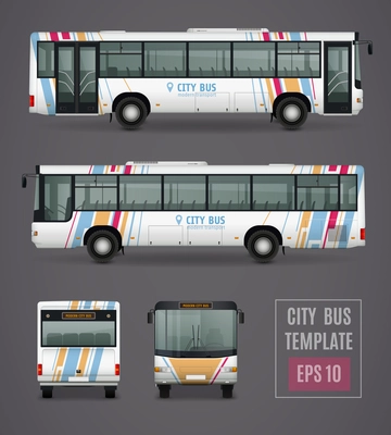 City bus grey template in realistic style with colored images from all sides isolated vector illustration