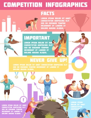 Competition infographics with male cartoon sportsman characters awards medals circular graphs thought bubbles and editable text vector illustration