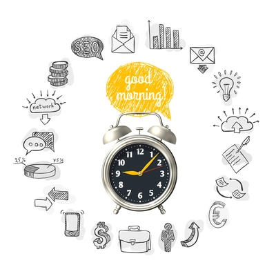 Start of work round composition with hand drawn business icons and clock with speech bubble vector illustration