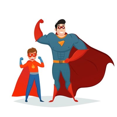 Superheroes retro composition with man and boy in blue red costumes on white background vector illustration