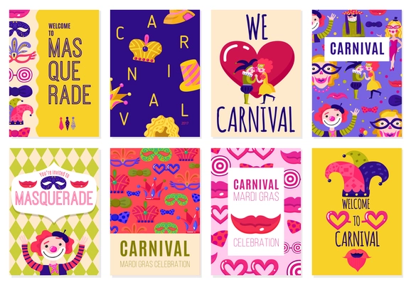 Set of eight  isolated carnival advertising posters with invitation to costume parties flat vector illustration