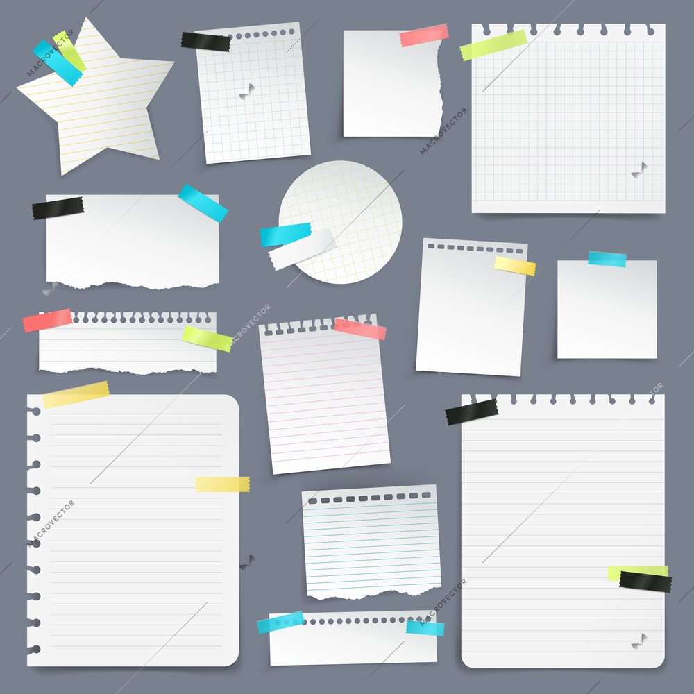 Realistic set of paper scraps and clean sheets torn from school notebook on gray background  isolated vector illustration