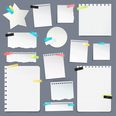 Realistic set of paper scraps and clean sheets torn from school notebook on gray background  isolated vector illustration