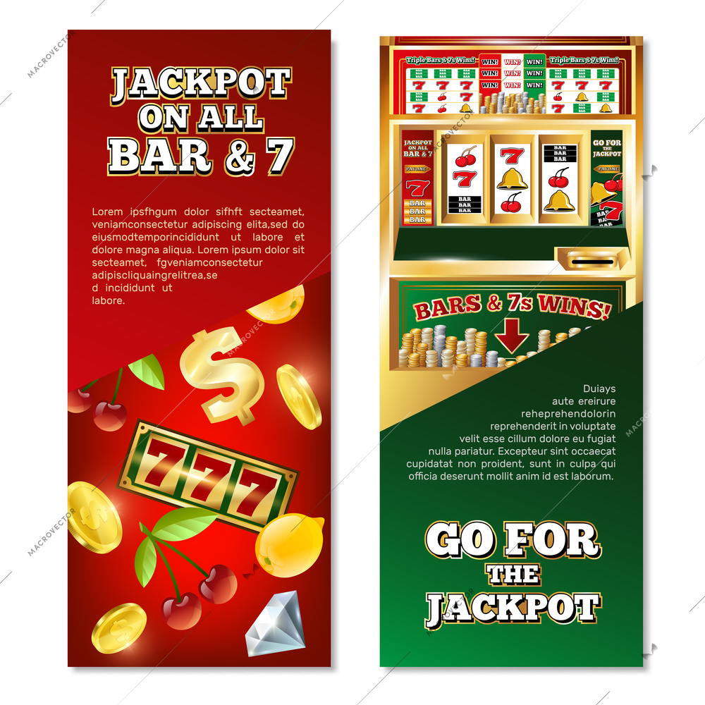 Slot machine vertical banners with jackpot on game line, dollar sign, coins, fruits, diamond isolated vector illustration
