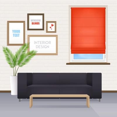 Office room interior with furniture posters for your text on wall and window closed by red roller shutter realistic vector illustration