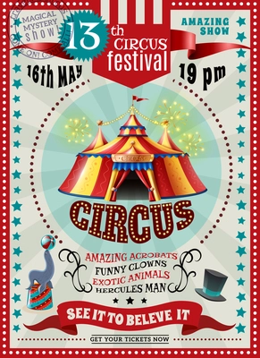 Travel circus carnival festival performances announcement retro poster with classic yellow red striped tent vector illustration