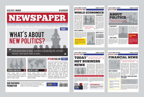 Newspaper design template with red headline, images and charts, articles and financial information, advertising vector illustration