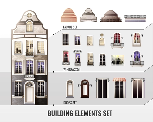 Set of european facade building elements with roofs, windows with curtains, balconies or lanterns, doors vector illustration