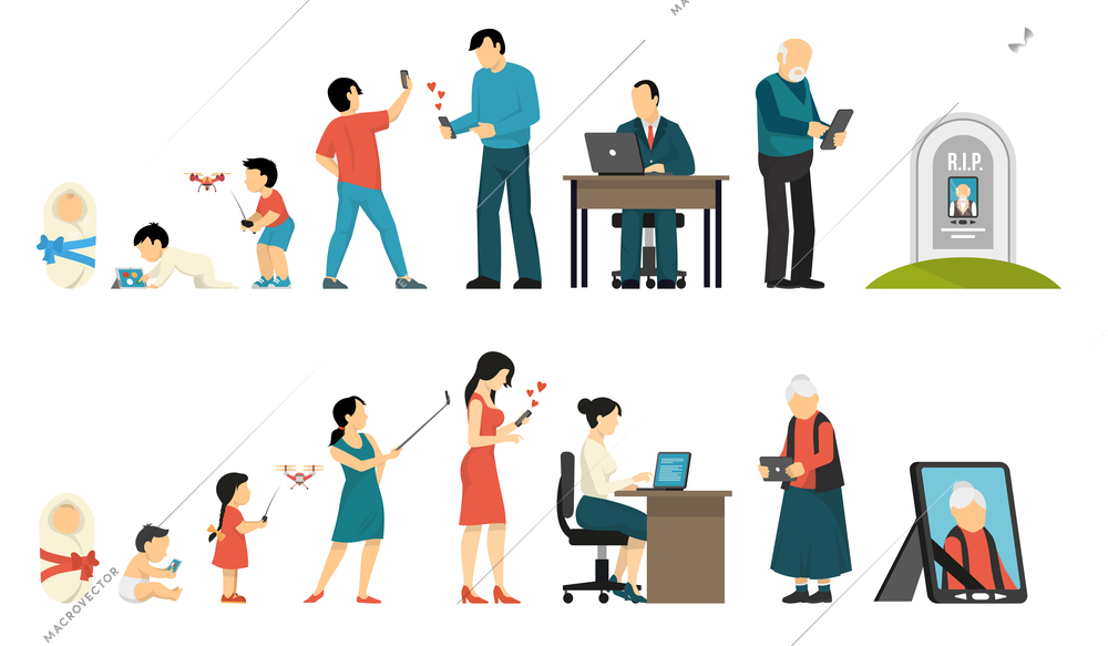 Generations development people evolution life ages digital gadget set of flat isolated human characters and gadgets vector illustration