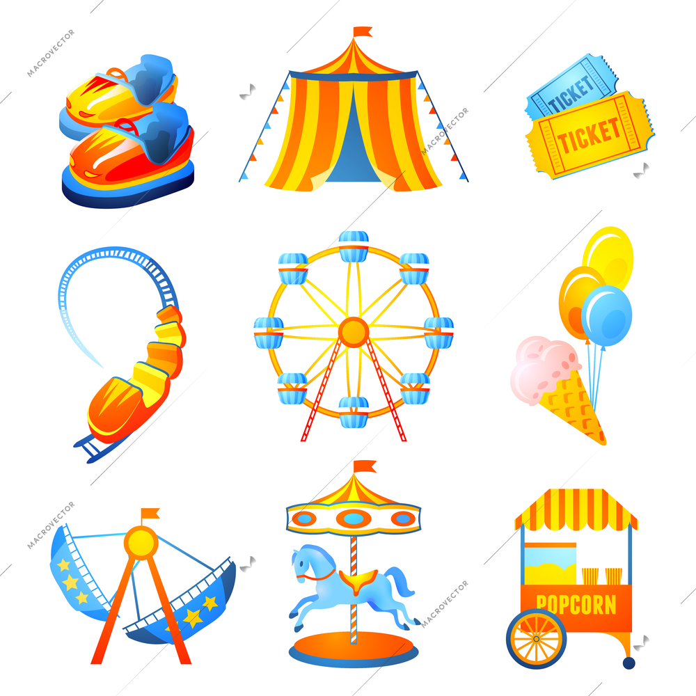 Amusement entertainment park icons set with ferris wheel rollercoaster marry-go-round isolated vector illustration