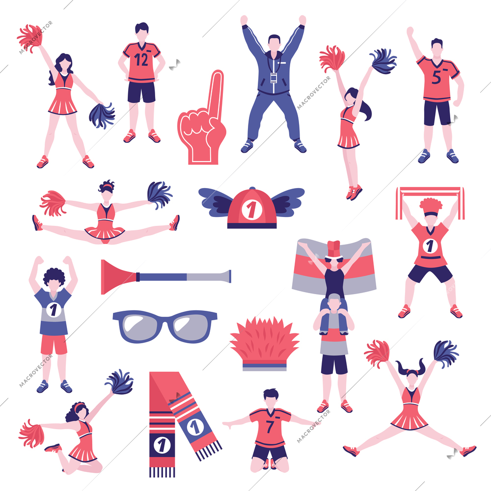 Sport club fans buffs cheerleaders supporters outfits clothing and accessoires flat icons collection isolated vector illustration