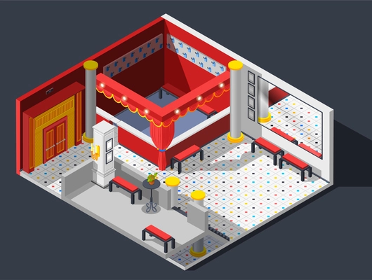 Theatre hall isometric composition with lights benches and mirror vector illustration