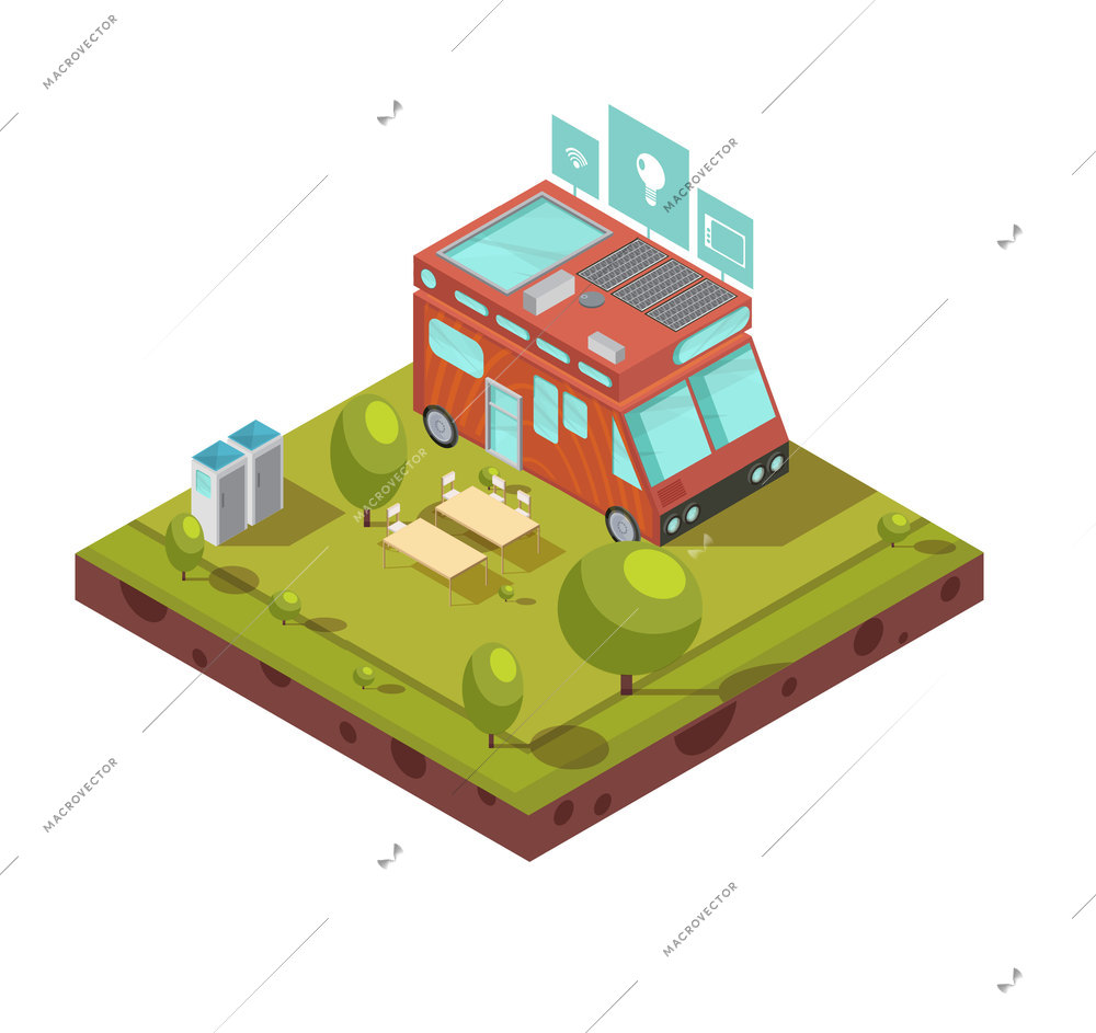 Mobile home isometric composition including van with wifi solar batteries campsite and technologies icons vector illustration