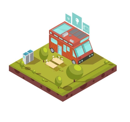 Mobile home isometric composition including van with wifi solar batteries campsite and technologies icons vector illustration