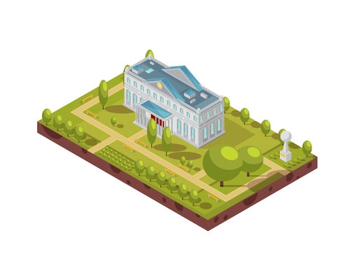 Isometric layout of historic university building with monument walkways and benches in surrounding park 3d vector illustration