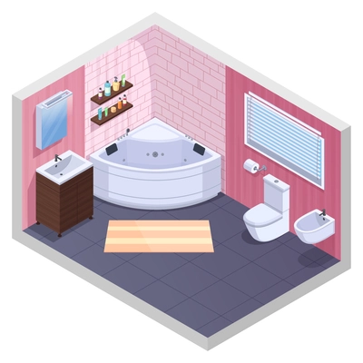 Bathroom isometric interior with angular tub shelves with gel and shampoo bottles basin and toilet bowl vector illustration