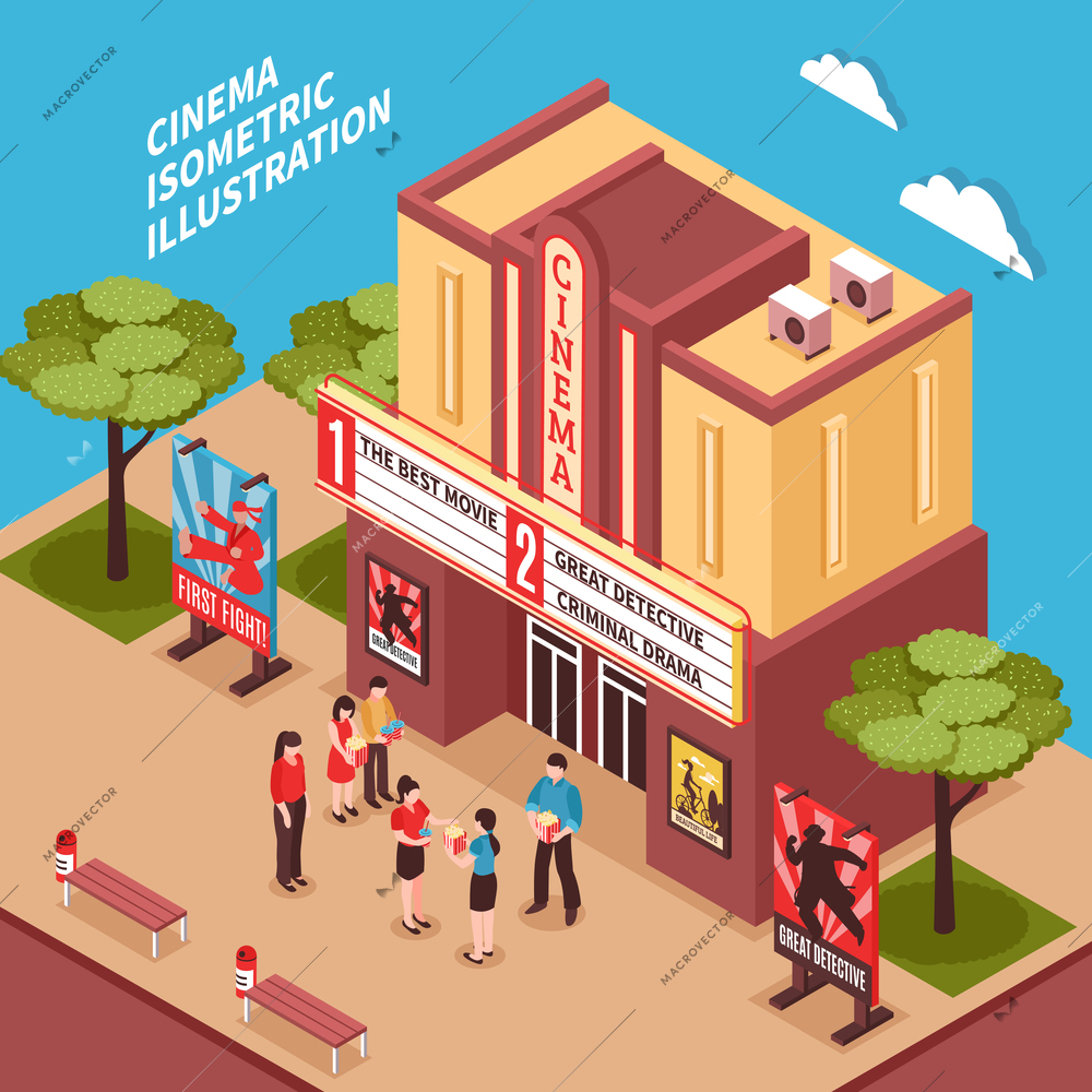 Cinema building isometric composition with posters signboards and viewers at entrance vector illustration