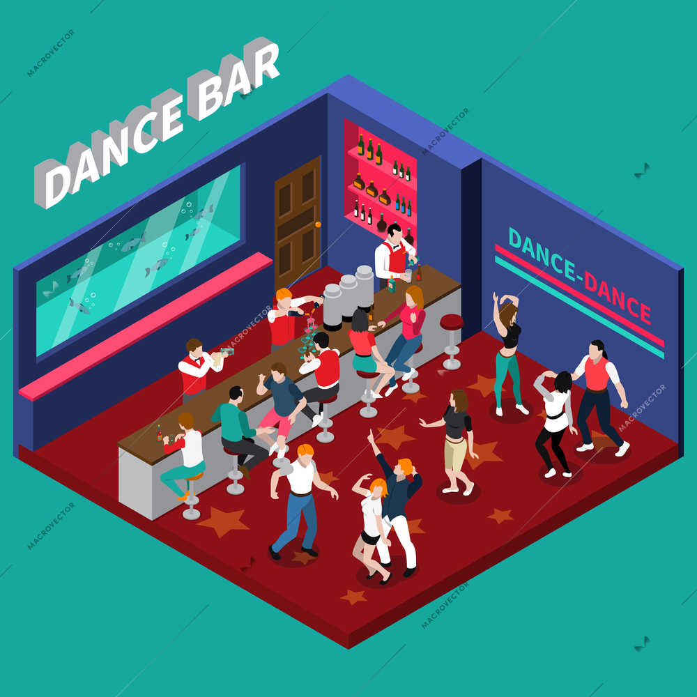 Dance bar isometric composition with bartenders working behind bar counter and young dancing people vector illustration