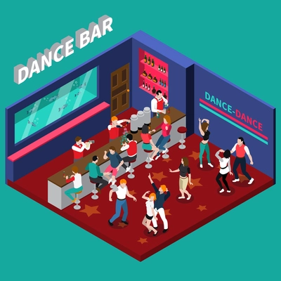 Dance bar isometric composition with bartenders working behind bar counter and young dancing people vector illustration