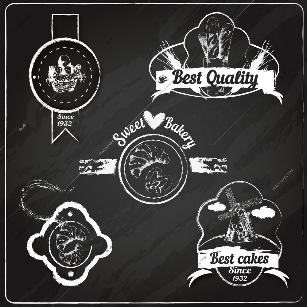 Best cakes sweet bakery bread and pastry food chalkboard emblems set vector illustration