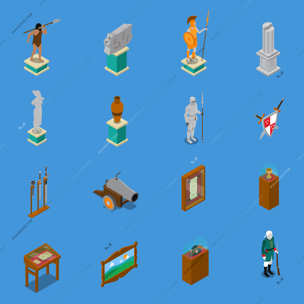 Museum isometric icons set with warriors and weapon, scroll, vase, sculpture on blue background isolated vector illustration