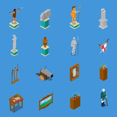 Museum isometric icons set with warriors and weapon, scroll, vase, sculpture on blue background isolated vector illustration