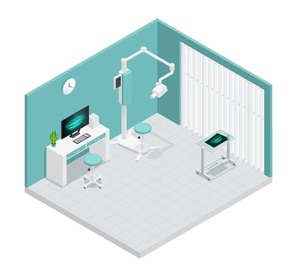 Colored stomatology dentistry isometric 3d composition with cabinet in hospital and equipment vector illustration