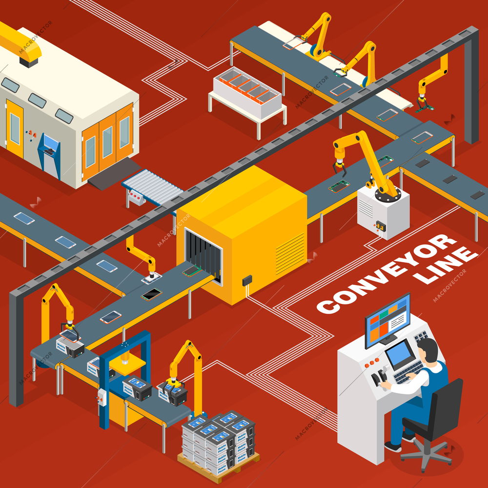 Conveyor line and operator isometric concept with machinery symbols on red background vector illustration