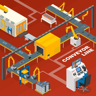 Conveyor line and operator isometric concept with machinery symbols on red background vector illustration