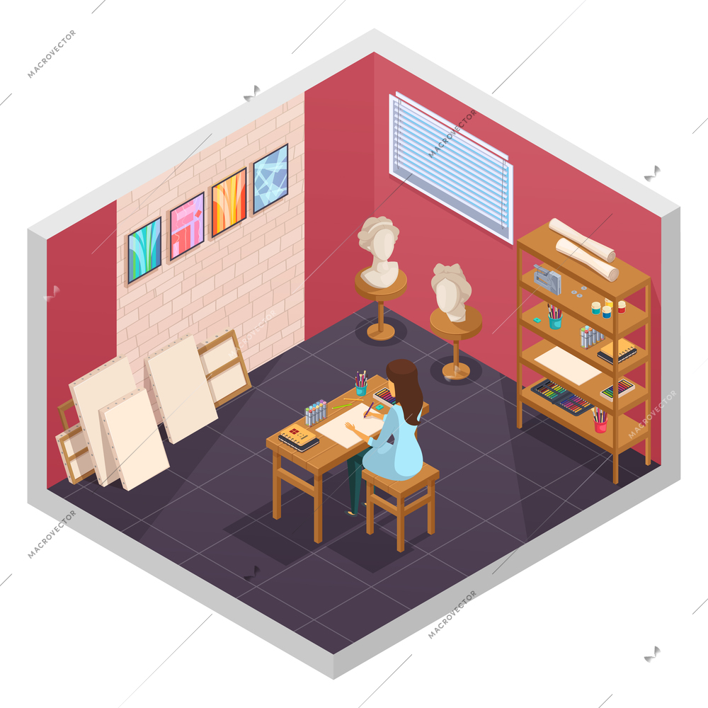 Art studio isometric interior with teaching room interior painting materials shelves and female character at table vector illustration