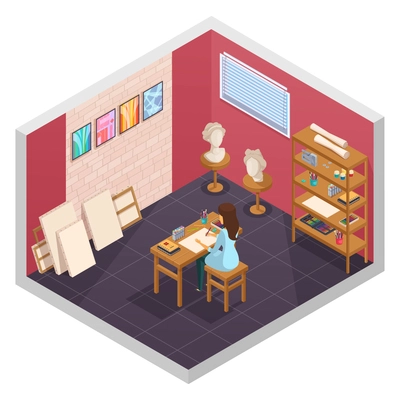 Art studio isometric interior with teaching room interior painting materials shelves and female character at table vector illustration