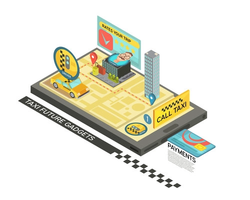 Call taxi by gadget isometric design with car, map, houses on mobile device screen 3d vector illustration