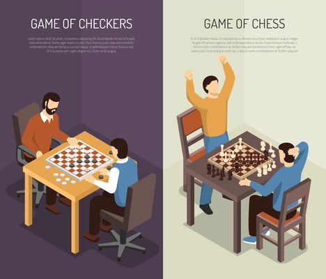 Two vertical board games vertical banner set with game of checkers and of chess headlines vector illustration