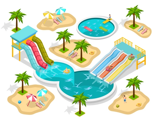 Isometric aqua park composition at the beach with entertainments and three pools vector illustration