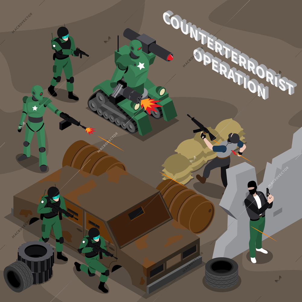 Robot professions 3d design concept on theme of counterterrorist operation isometric vector illustration