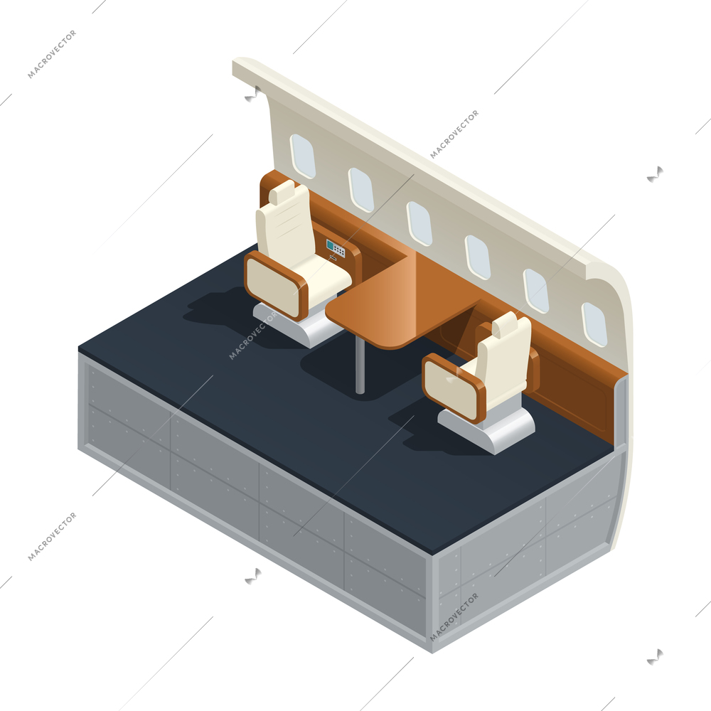 Colored airplane interior isometric composition with furniture and amenities inside the salon vector illustration