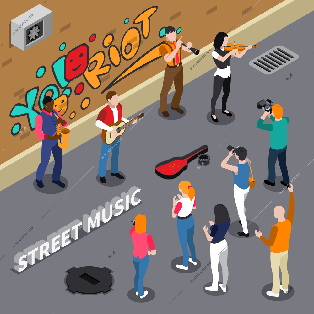 Street musicians playing on instruments on background of wall with graffiti, spectators on walkway isometric vector illustration