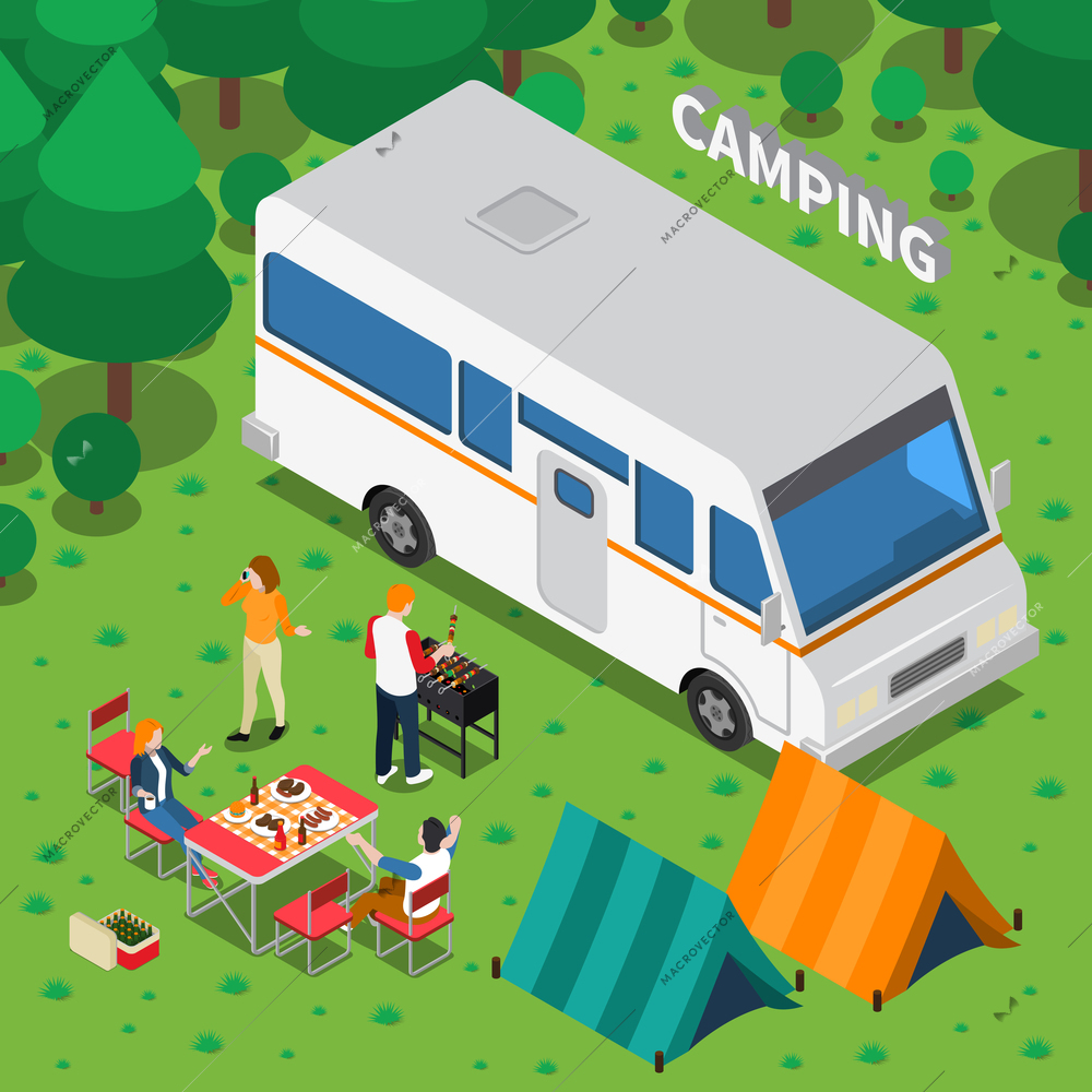 Camping isometric composition with people, grilled meat, car, tents, table with chairs on forest background vector illustration