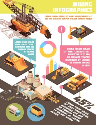 Infographic mining poster with composition of isometric images graphs and editable text with plant and machinery vector illustration