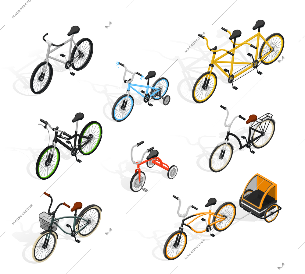 Bicycle isometric set of isolated adult and kids bike images with tandem cycle and burley cub vector illustration